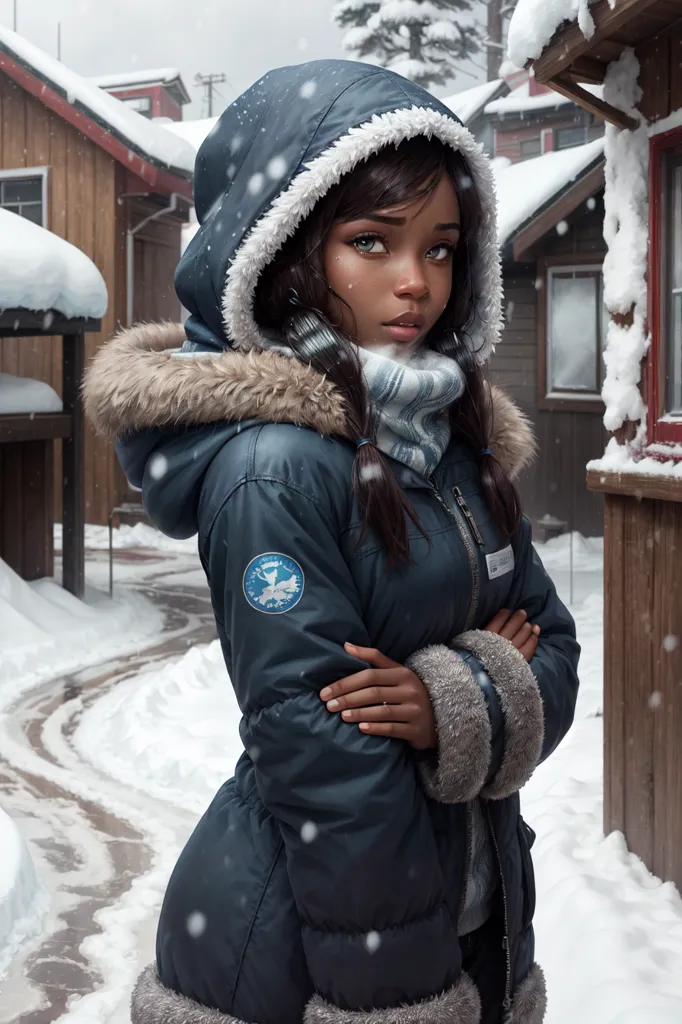 This is an image of a young woman standing in a snowy village. She is wearing a blue winter coat with a fur-lined hood and white scarf. The coat has a circular patch on the left arm with a bird design. The village is made up of small, wooden houses with snow on the roofs. There are trees in the background and it is snowing lightly.