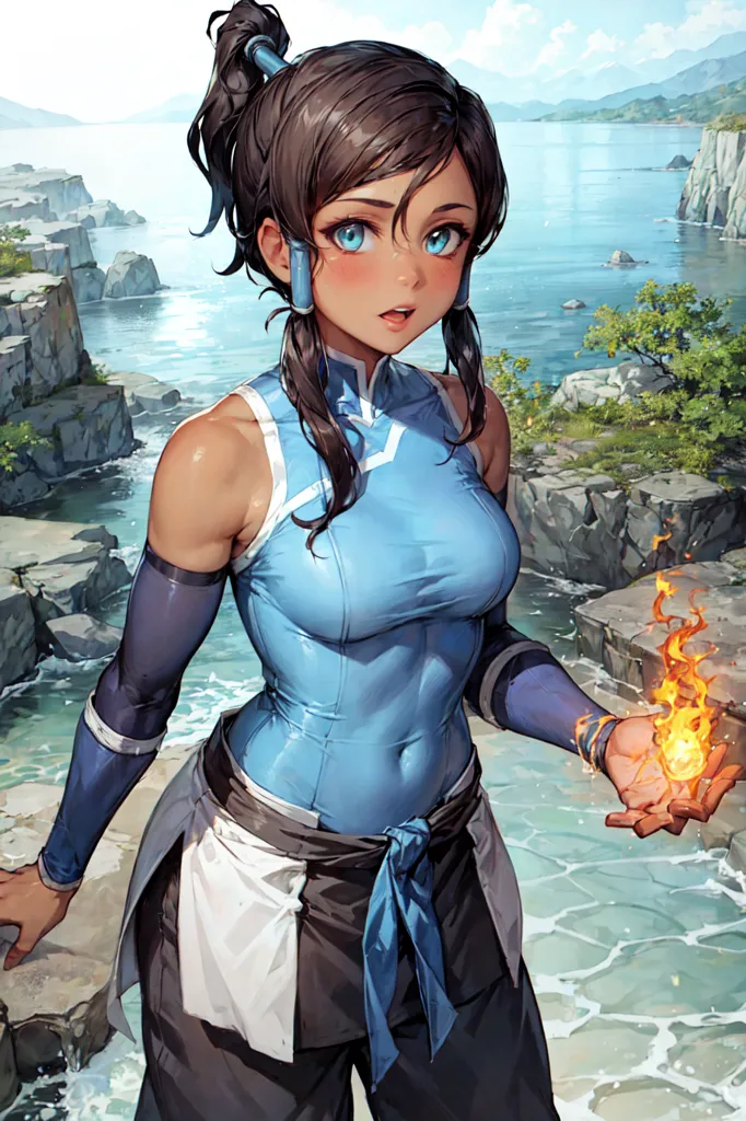 The image shows a young woman standing on a rocky shore. She has brown hair tied back in a ponytail, and blue eyes. She is wearing a blue tank top and white pants. She has a fire in her hand. The background is a blue sea with green mountains in the distance.