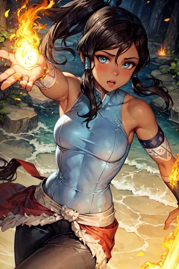 This image is of a young woman with long brown hair and blue eyes. She is wearing a blue tank top and red pants. She is standing in a fighting stance, with her left hand outstretched and her right hand holding a fireball. She is surrounded by rocks and water, and there is a fire burning in the background.