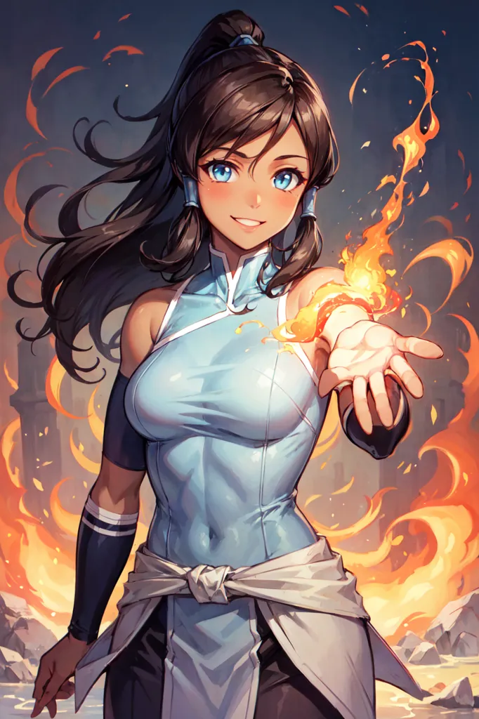 The image shows a young woman with long brown hair and blue eyes. She is wearing a blue and white outfit and has a confident expression on her face. She is standing in front of a fiery background and has one hand outstretched, palm up, with a small flame resting in it.