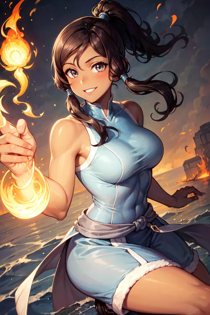 The image is of a young woman with brown hair and blue eyes. She is wearing a blue and white outfit and has a ponytail. She is standing in front of a dark background with fire and smoke in the background. She has a determined expression on her face and is holding her hand out, with a small flame in her palm.