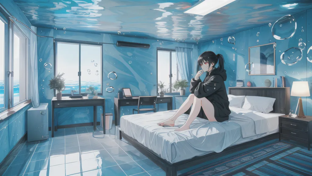 The image is a bedroom that is mostly blue. A girl with black hair and red eyes is sitting on the bed. The bed is next to a window that looks out onto the ocean. There is a desk in the corner of the room with a computer on it. There is also a plant on the desk. The floor is covered in water.