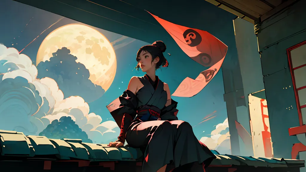 The image is of a young woman in a black kimono sitting on a rooftop. She is looking at a large moon in the night sky. There are clouds in the sky and a red flag blowing in the wind. The woman has a red sash tied around her waist and her hair is in a bun. She is wearing a white obi and there is a sword on her left side. The background is a blue night sky with a large moon. The image is in a Japanese anime style.