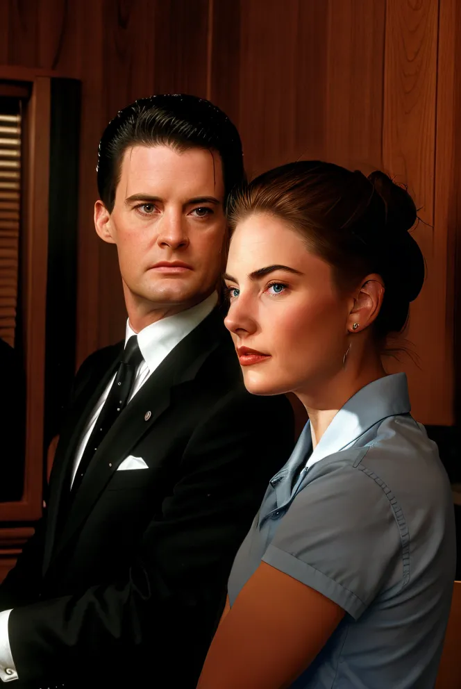 Esta é uma imagem do Agente Dale Cooper e Audrey Horne da série de TV Twin Peaks. O Agente Dale Cooper é um agente do FBI de aparência impecável com um forte senso de justiça. Ele está investigando o assassinato de Laura Palmer, uma popular estudante do ensino médio. Audrey Horne é a filha de Benjamin Horne, o proprietário do Great Northern Hotel. Ela é uma jovem determinada e independente que se sente atraída pelo Agente Cooper.