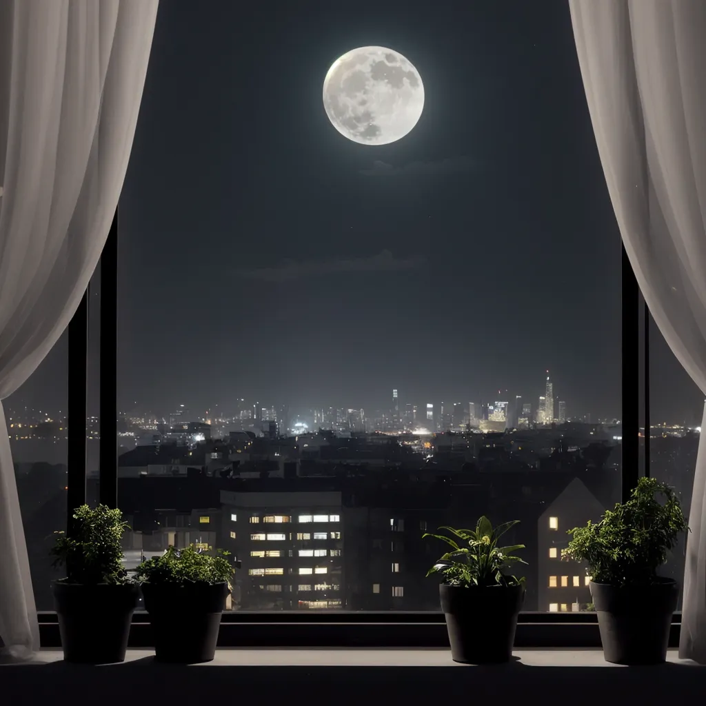 The image is a night view of a city from a high-rise apartment. The full moon is rising over the city, and the lights of the city are reflected in the windows of the buildings. There are potted plants on the windowsill, and the curtains are open. The city looks peaceful and quiet.