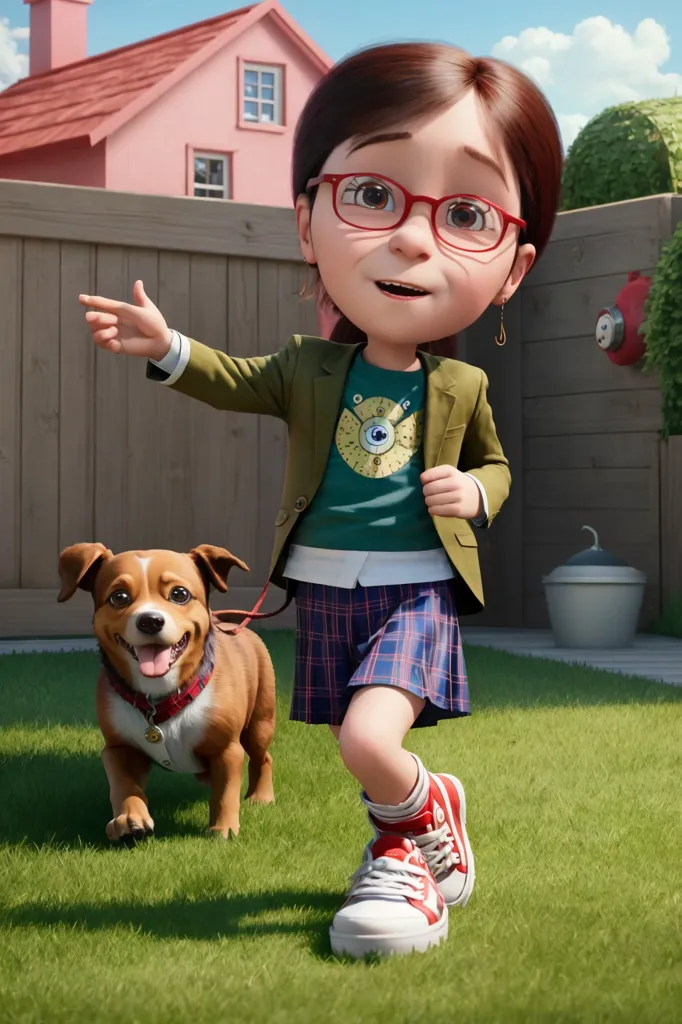 The image shows a young girl walking her dog in a backyard. The girl is wearing a green skirt, a white shirt, a green jacket, and glasses. She has brown hair and is smiling. The dog is brown and white and is also smiling. The girl is holding the dog's leash in her right hand and is pointing with her left hand. There is a house in the background and a fence to the left.