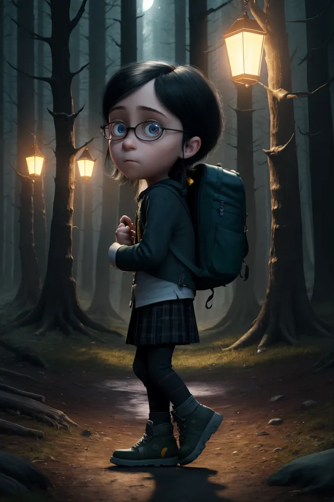 L'image est un rendu 3D d'une jeune fille aux cheveux noirs courts et portant des lunettes. Elle porte une jupe grise, un chemisier blanc et un pull vert. Elle porte un sac à dos et semble effrayée. Elle se tient dans une forêt sombre entourée de grands arbres. Il y a des lanternes suspendues aux arbres. Le sol est recouvert de feuilles et de branches. La lune brille dans le ciel.