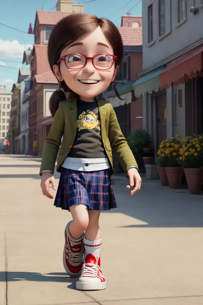 The image shows a young girl, probably in her early teens, with brown hair and glasses. She is wearing a green jacket, a gray skirt, and red sneakers. She has a big smile on her face and is walking down a street in a small town, most likely in Europe. The buildings are mostly two or three stories tall and have a lot of flowers on their windowsills. The sky is blue with some puffy white clouds.