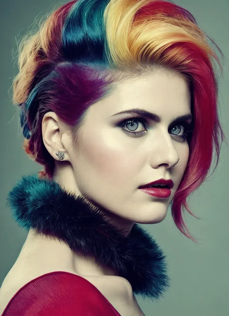 The image shows a young woman with multi-colored hair. The hair on the left side of her head is blue, the hair on the right side of her head is yellow and orange, and the hair in the middle is purple. She is wearing a red dress and a fur stole. Her makeup is dark and dramatic, with smoky eyes and bright red lipstick. She is looking at the camera with a serious expression.