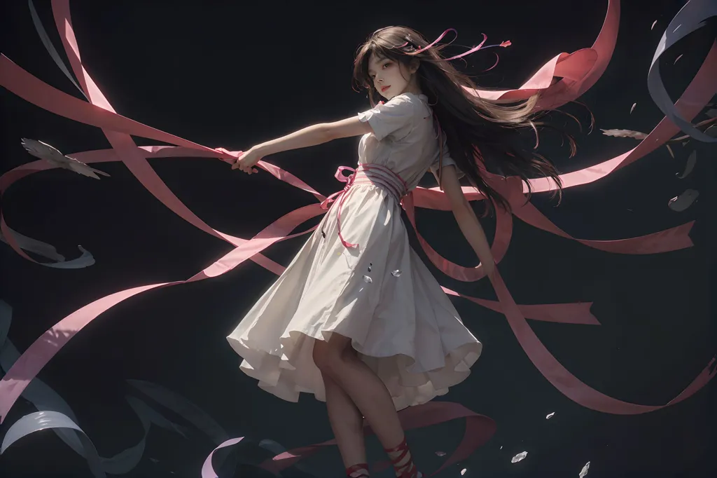 A beautiful girl with long brown hair is dancing. She is wearing a white dress with a pink sash. The girl is surrounded by long pink ribbons that are flowing in the air. The background is dark. The girl is looking at the viewer with a serious expression.