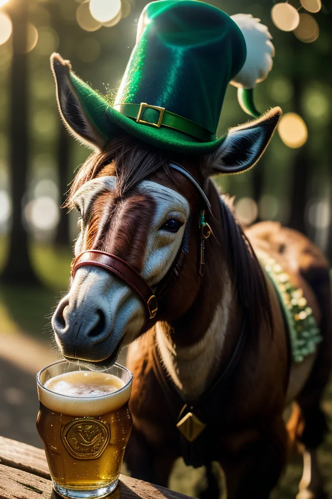 This image shows a donkey wearing a green top hat with a gold buckle and a white feather. The donkey is also wearing a brown leather bridle with gold buckles. It is standing in front of a wooden fence and there are trees in the background. The donkey is drinking a glass of beer. The donkey's expression is serious.