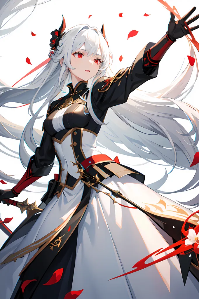 A beautiful anime girl with long white hair and red eyes. She is wearing a white and black dress with a red ribbon. She is also holding a sword. The background is white with red rose petals falling.