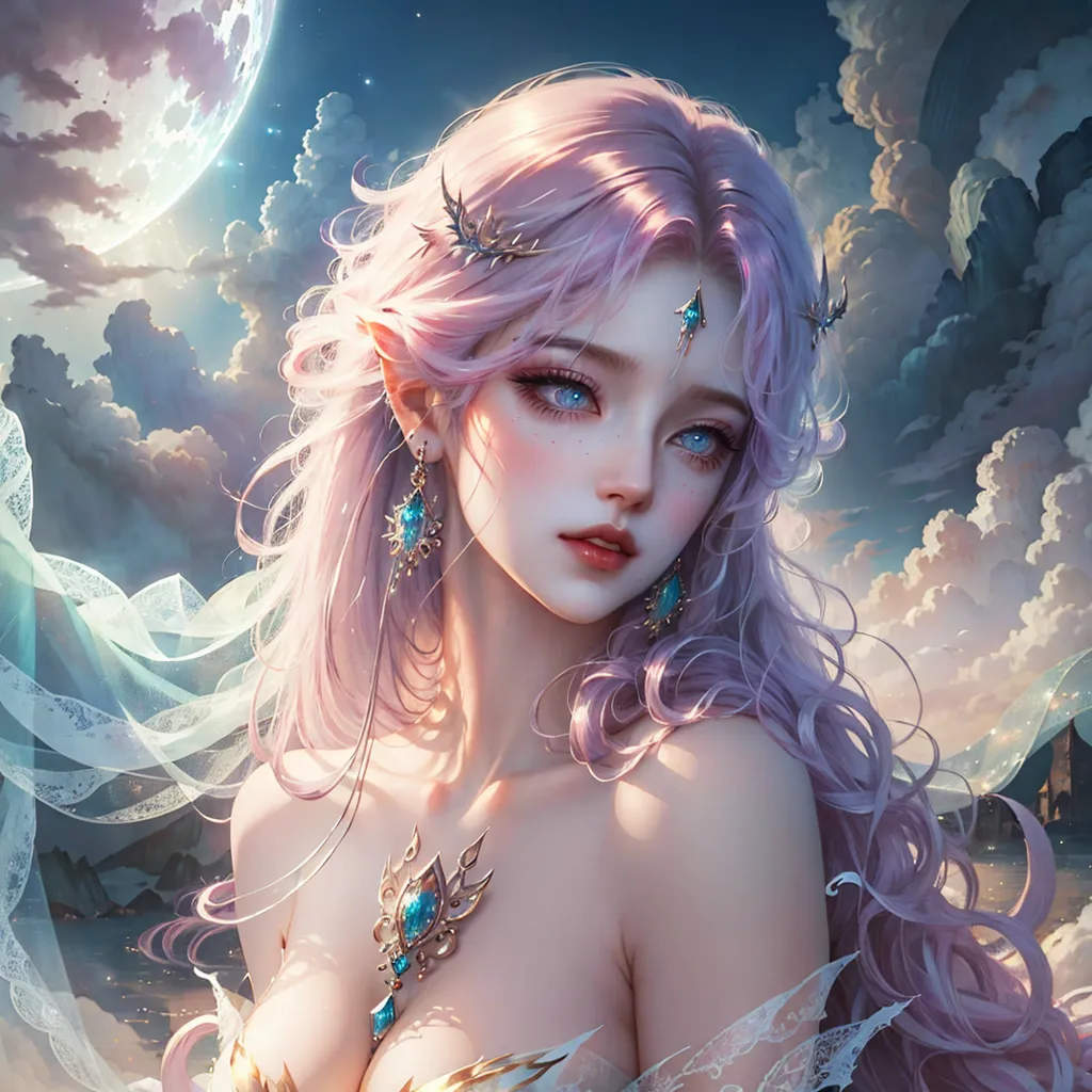 The image is a depiction of a beautiful, ethereal woman with long, flowing pink hair and blue eyes. She is wearing a white dress with a plunging neckline and a gold necklace with a blue gem in the center. Her ears are pointed, and she has a small, crescent moon-shaped marking on her forehead. She is standing in front of a full moon, and there are clouds in the background. The image is soft and romantic, and the woman's expression is one of serenity and peace.