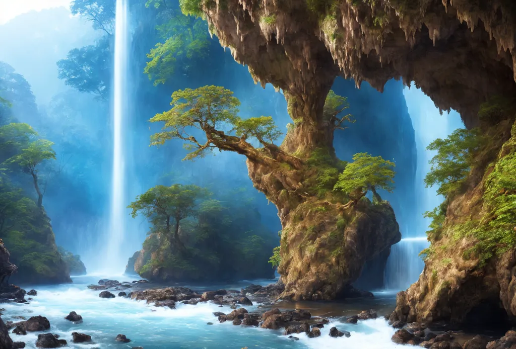 The image is a beautiful landscape of a waterfall in a jungle. The waterfall is surrounded by lush green trees and plants, and the water is a crystal clear blue. There is a large rock in the middle of the waterfall, and a tree is growing on top of it. The rock and tree are covered in moss, and the water from the waterfall is splashing over them. There is a cave behind the waterfall, and the light from the sun is shining through the cave entrance. The image is very peaceful and relaxing, and the viewer can almost feel the cool mist from the waterfall.