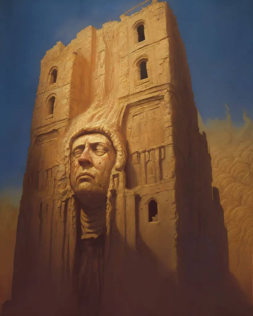 La imagen es una pintura de una estructura antigua en ruinas que tiene la forma de un rostro humano. El rostro está muy detallado y tiene una expresión de tristeza. La estructura está hecha de grandes bloques de piedra y está rodeada de un paisaje desértico. El cielo es de un azul oscuro y hay nubes a lo lejos. La pintura es muy realista y tiene un carácter surrealista. No está claro qué es la estructura ni cuál era su propósito.