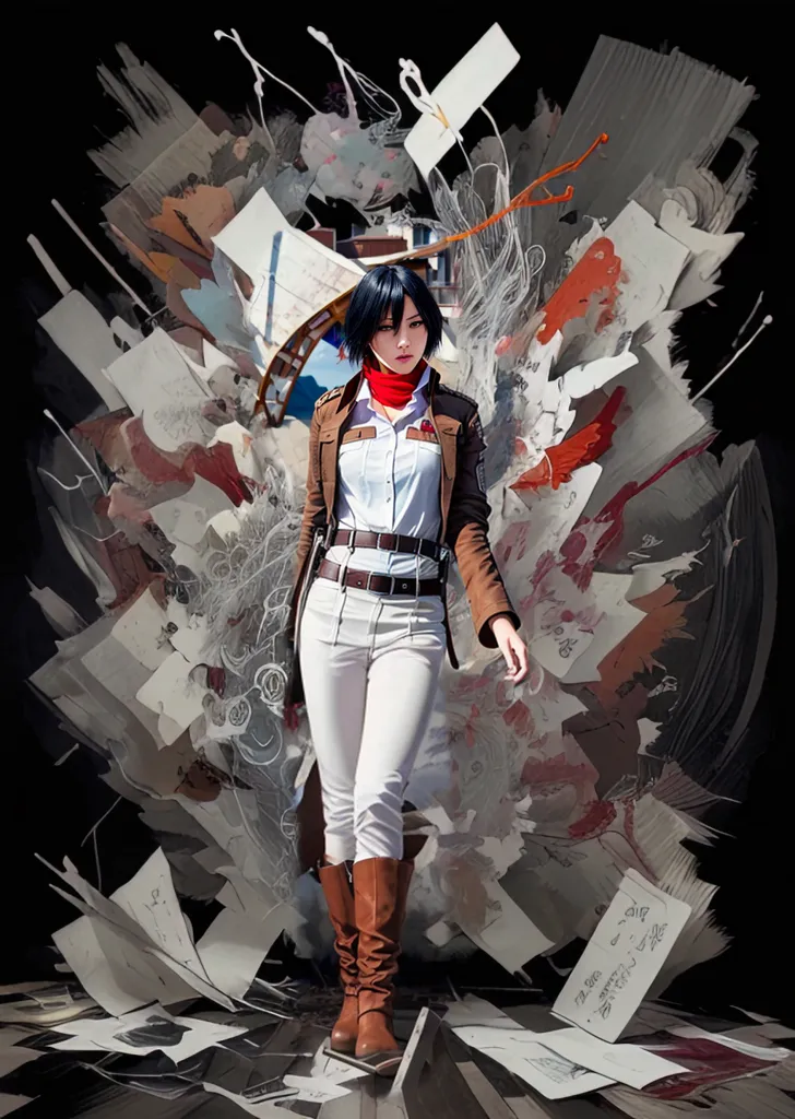 The image is of a young woman with short black hair and brown eyes. She is wearing a white shirt, brown pants, and a brown jacket. She is also wearing a red scarf and a pair of brown boots. She is standing in a dark room. There are papers flying around her. The image is of a character from the anime series Attack on Titan.