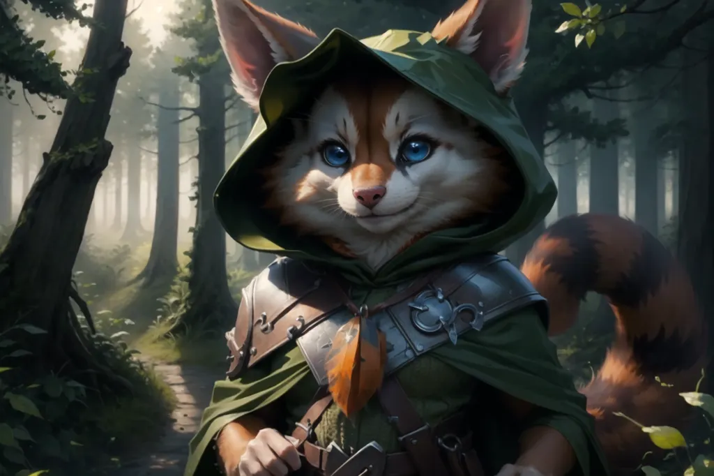 The image is of a anthropomorphic red panda wearing a green hood and brown leather armor. It is standing in a forest, holding a knife. The red panda has blue eyes and a friendly expression on its face. It is wearing a green cloak lined with fur and brown leather armor. It has a quiver of arrows slung over its shoulder. The forest is full of tall trees and green leaves. The red panda is standing on a path, looking at the viewer.