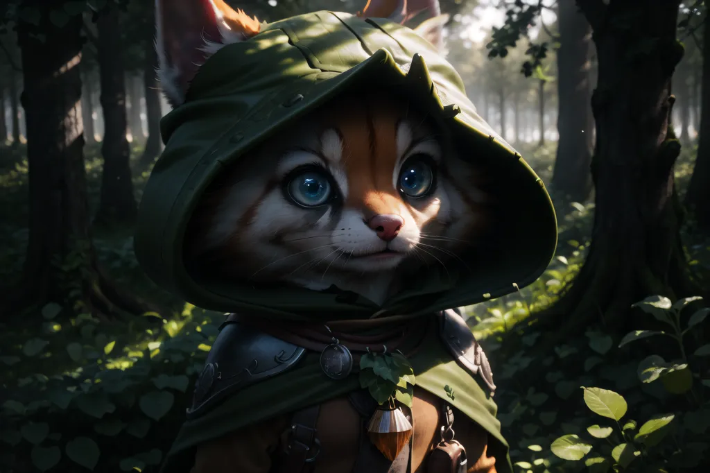 The image shows a small, cat-like creature standing in a forest. The creature is wearing a green hood and a brown vest. It has big, blue eyes and a pink nose. It is looking at the viewer with a curious expression. The background of the image is a blur of green leaves and trees.