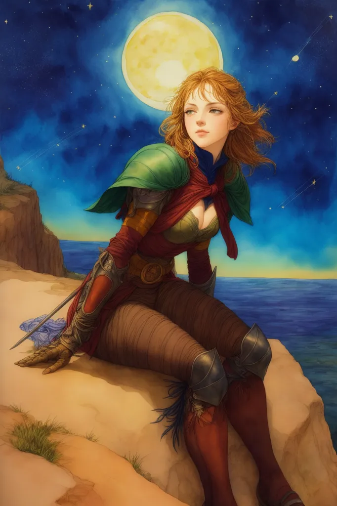 This is an image of a woman sitting on a cliff. She is wearing a red and green outfit and has a sword. The background is a blue sea with a full moon in the sky.