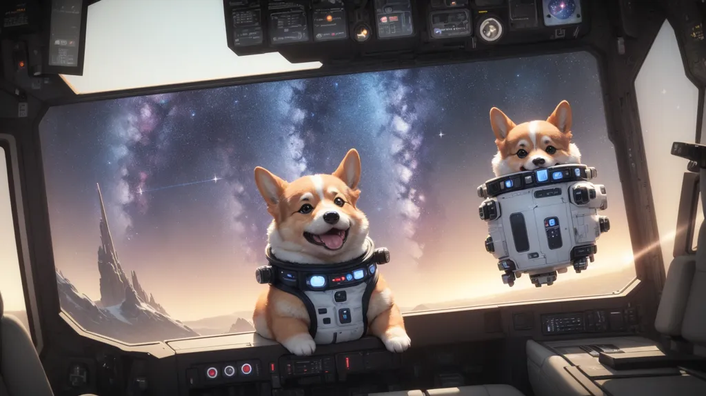 The image shows a spaceship's interior with two corgi dogs dressed in astronaut suits. The corgi on the left is sitting in the pilot's seat, while the corgi on the right is floating in the air next to him. Both corgis are smiling and look excited. There is a large window in front of them showing a planet with a starry sky.