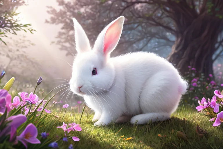 This is a picture of a white rabbit sitting in a field of purple and pink flowers. The rabbit is facing the viewer with its left ear perked up and its right ear down. It has a small pink nose and its fur is very fluffy. The background of the picture is a blur of green leaves and branches.