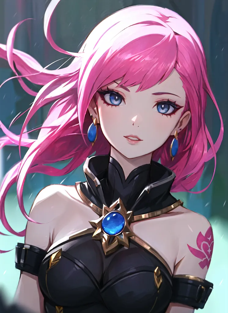 The image is a painting of a young woman with pink hair and blue eyes. She is wearing a black and gold outfit with a blue gem in the center. She is looking at the viewer with a slight smile on her face. Her hair is blowing in the wind and she has a tattoo on her right arm.