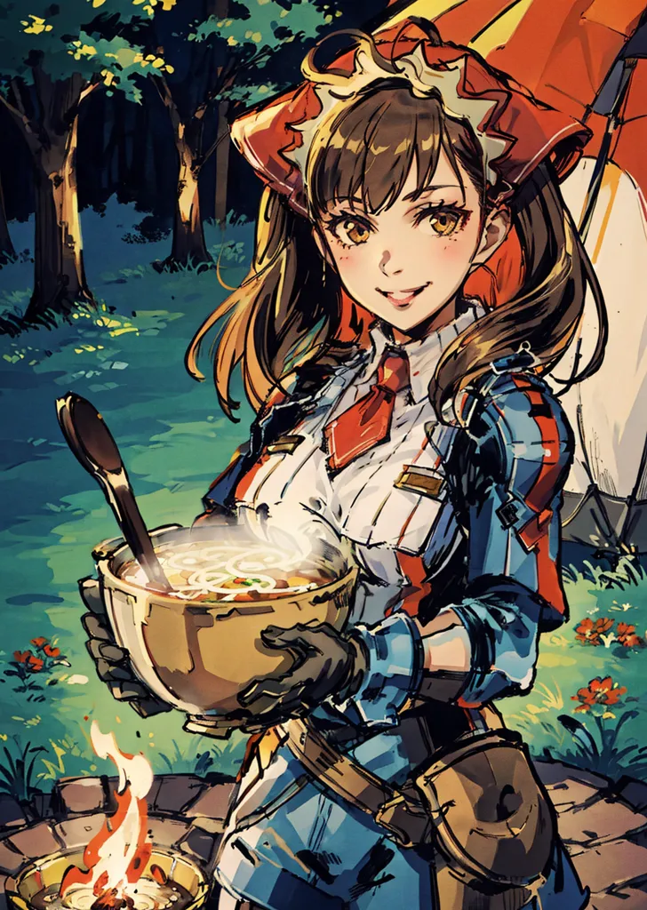 This image shows a young woman dressed in a fantasy adventurer's outfit. She has brown hair tied back in twin tails, and is wearing a red and white hat. She is also wearing a blue vest and brown leather gloves. She is holding a large bowl of soup with a wooden spoon. In the background, there are trees and a campfire.