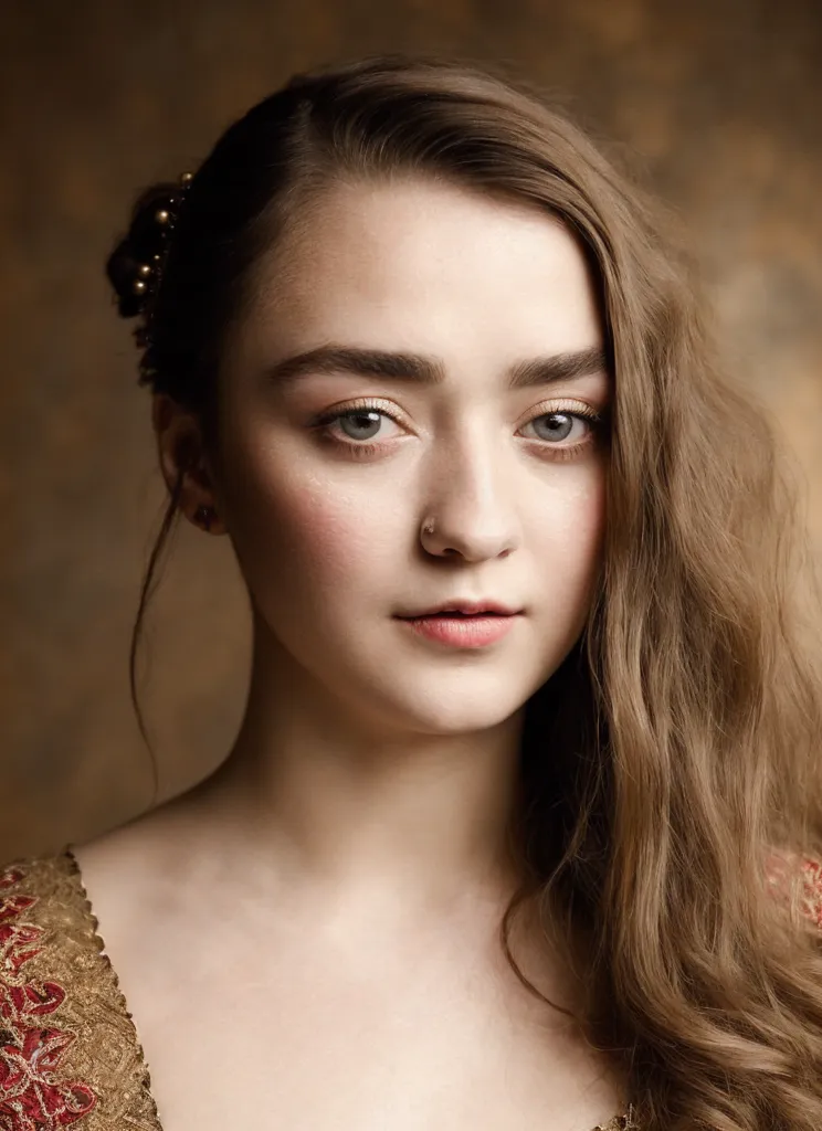 The picture shows a young woman with long brown hair and light brown eyes. She is wearing a gold headpiece and a red and gold dress with an off-the-shoulder neckline. There is a small stud nose ring in her left nostril. Her makeup is natural, with a light pink blush and a nude lip. She is looking at the camera with a slightly raised eyebrow, as if she is amused or skeptical.