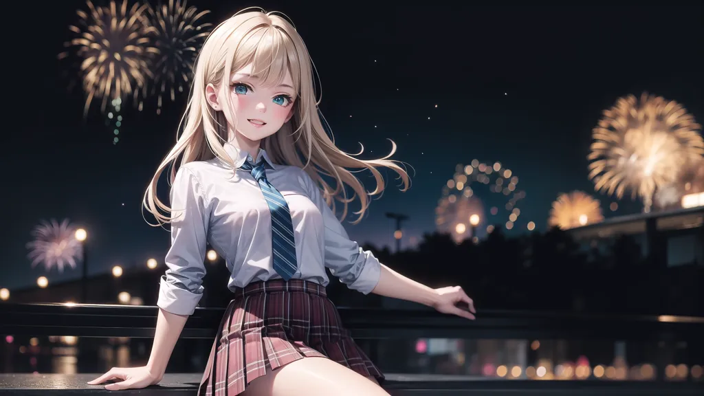 The image is of a young woman with long blonde hair and blue eyes. She is wearing a white shirt, a blue tie, and a gray pleated skirt. She is sitting on a railing with her legs crossed and is looking at the viewer with a smile on her face. In the background, there are fireworks exploding in the night sky. The image is set in a modern city, and the buildings in the background are lit up by the fireworks.