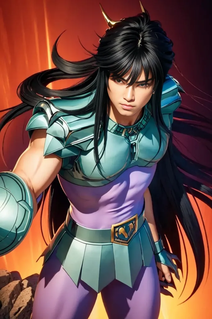 This is an image of a young man with long black hair wearing a green and purple armor. He has a serious expression on his face and is looking to the left. He is standing in a rocky area with a fiery orange background.