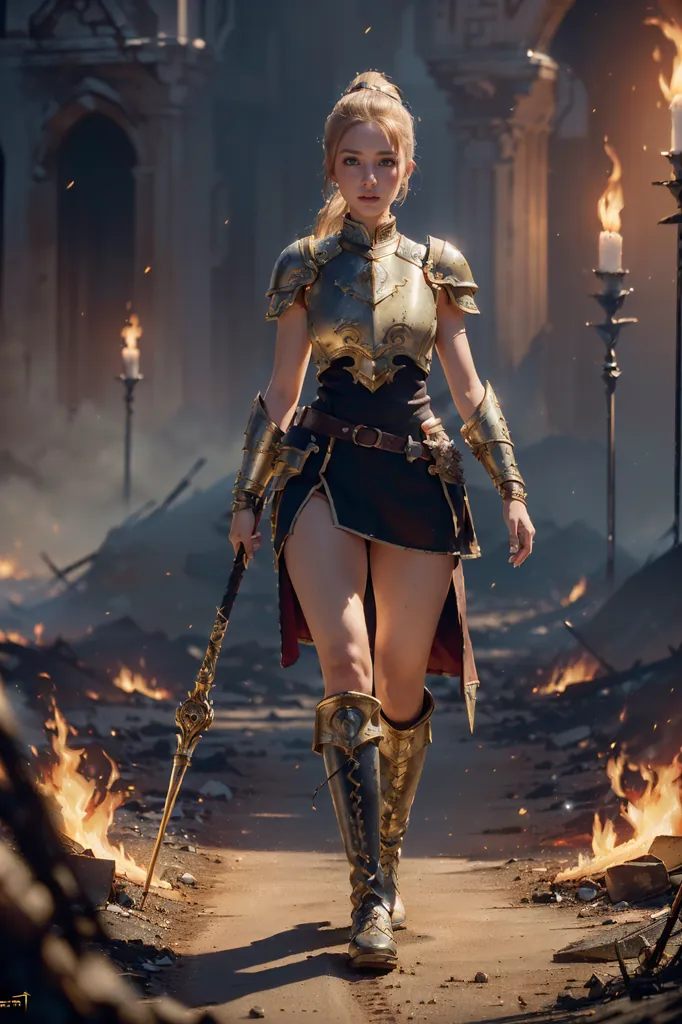 The image shows a woman in golden armor walking through a destroyed city. She is carrying a staff in her right hand. The city is in ruins, with buildings collapsed and fires burning. The woman is wearing a skirt and a breastplate. She has long blond hair and blue eyes. She is also wearing a pair of boots. The woman is walking towards the viewer.