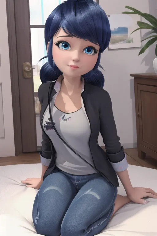 The image shows an animated girl with blue hair and blue eyes. She is wearing a white shirt, black jacket, and blue jeans. She is sitting on a bed with her knees drawn up to her chest and her hands resting on her knees. She is looking at the viewer with a slightly sad expression on her face.