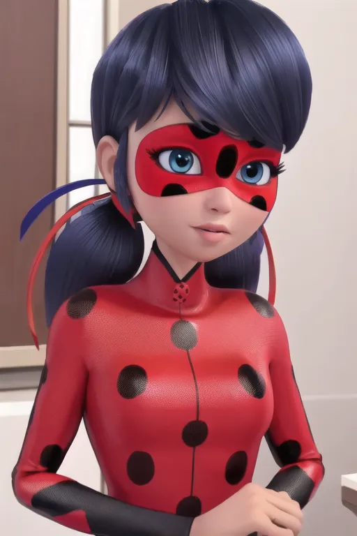 La imagen muestra un personaje animado llamado Ladybug. Tiene ojos azules y cabello negro con reflejos rojos recogido en dos coletas. Lleva un traje ajustado de color rojo y negro con manchas, y una máscara negra.