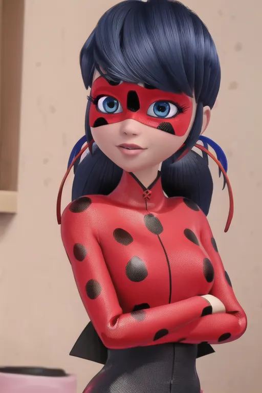 L'image montre un personnage animé nommé Ladybug. Elle se tient les bras croisés. Elle porte un costume rouge et noir à pois avec un masque noir. Ses cheveux sont bleus et noirs et elle a les yeux bleus.