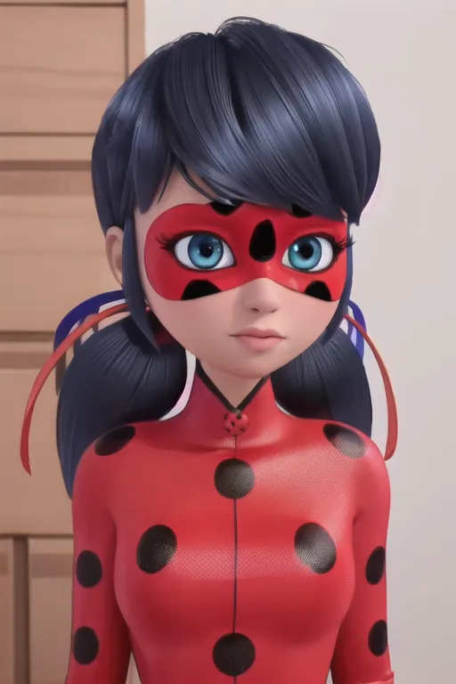 L'image montre un personnage animé nommé Ladybug. Elle a les yeux bleus et les cheveux noirs attachés en couettes avec des rubans rouges. Elle porte une combinaison à pois rouges et noirs avec un masque noir.