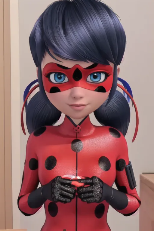 The image shows an animated character named Ladybug. She is a superheroine who wears a red and black spotted suit with a black mask. She has blue eyes and black hair tied up in pigtails. She is standing with her hands together in front of her chest. She is looking at the viewer with a smile on her face.