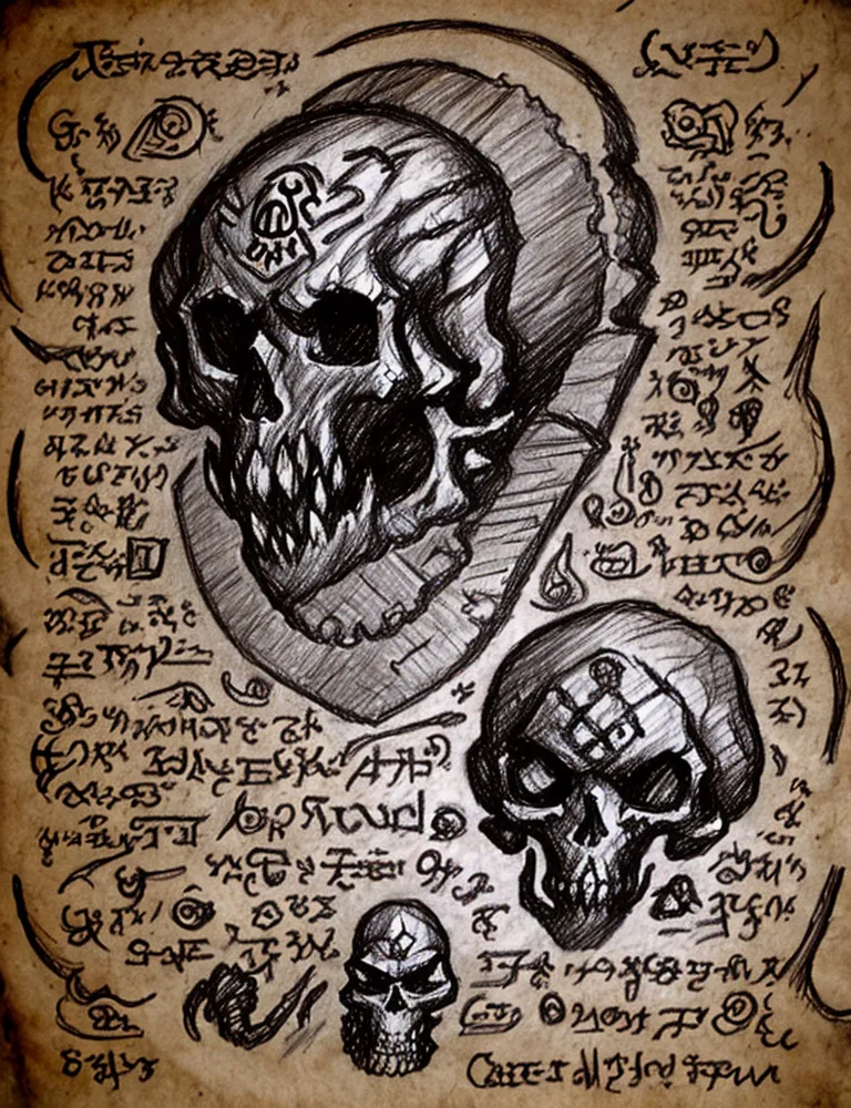 The image is a black and white drawing of a skull with a few other smaller skulls around it. The skulls are drawn in a realistic style and are surrounded by strange symbols. The background is a parchment with handwritten notes in an unknown language.