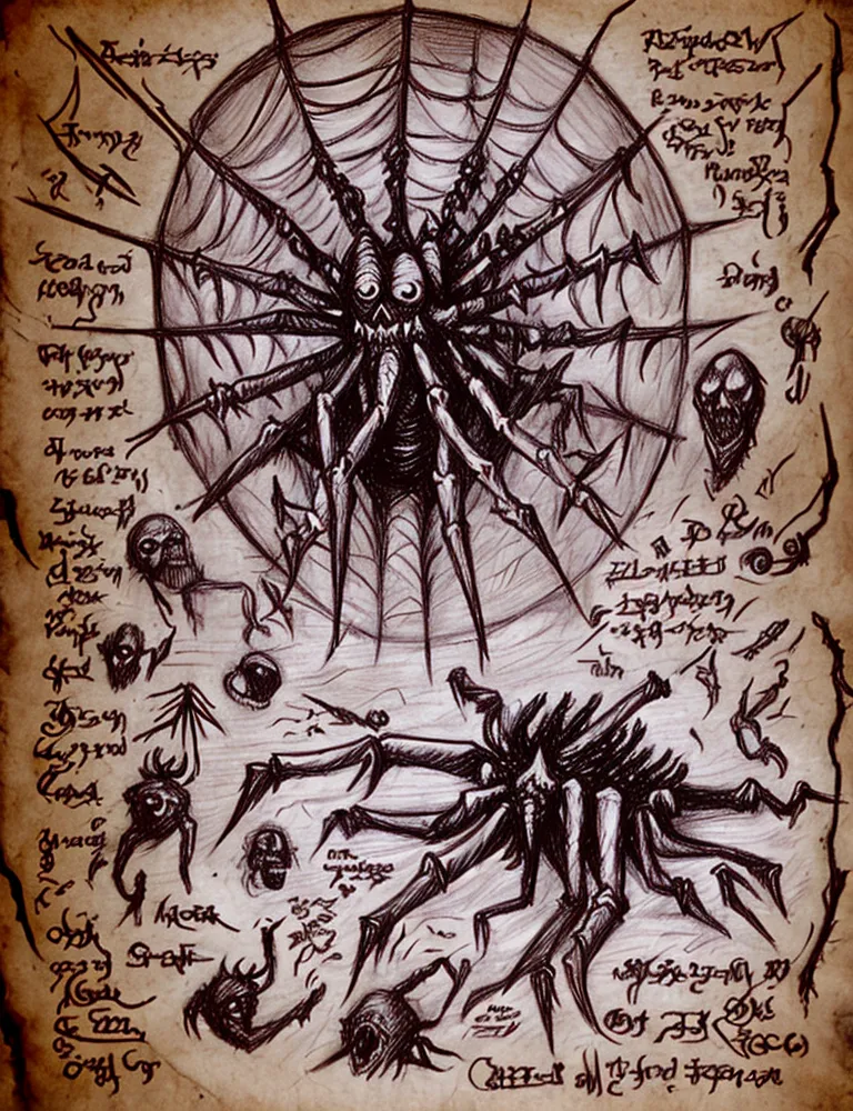 The image is a dark and detailed drawing of a spider. The spider is in the center of a web, and is surrounded by strange symbols and runes. The spider has a large, bulbous body and eight long, spindly legs. Its eyes are small and red, and it has a large, sharp mouth. The web is made of thick, black strands, and it is covered in small, sharp spikes. The symbols and runes are written in a strange, ancient language, and they seem to be some kind of incantation or spell. The image is dark and foreboding, and it seems to be a depiction of some kind of dark magic or ritual.