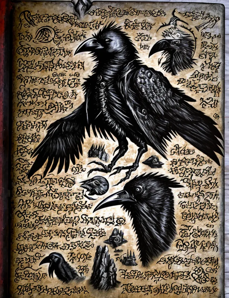 The image is a dark and detailed illustration of a raven. The raven is perched on a branch, and it is surrounded by strange symbols and text written in an unknown language. The raven's eyes are glowing red, and it has a sharp, pointed beak. Its feathers are black and shiny, and they seem to be ruffled by the wind. The background of the image is a dark, stormy sky, and there are trees and mountains in the distance. The image is full of mystery and intrigue, and it seems to be a page from an ancient book of magic.