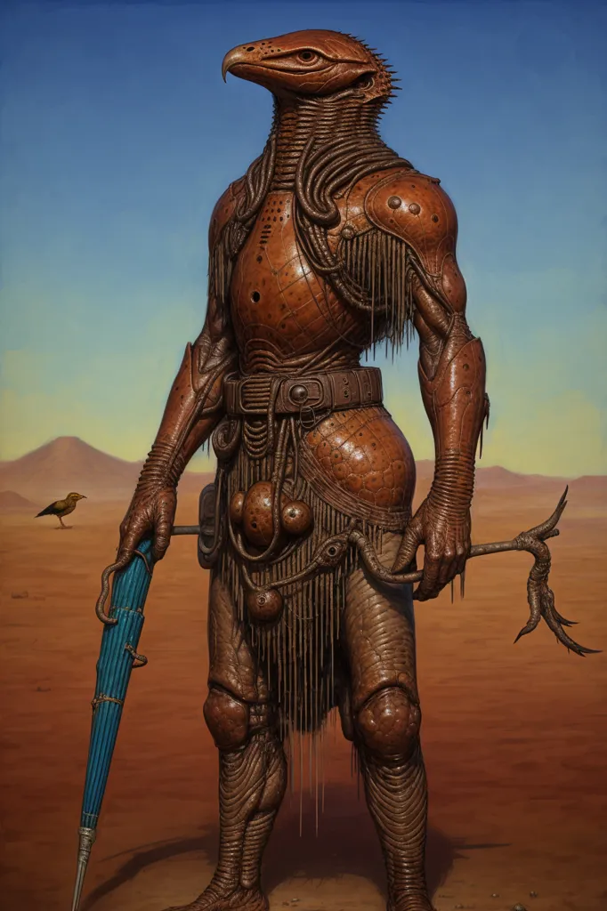 La imagen es una pintura al óleo de una figura humanoide alta y musculosa con cabeza de ave. La figura está de pie en un paisaje desértico, sosteniendo un bastón en una mano y un paraguas azul en la otra. La figura viste un taparrabos y tiene un cinturón con varios bolsillos y objetos adheridos a él. La piel de la figura es de color marrón claro y sus ojos son amarillos. El fondo de la imagen es un vasto paisaje desértico con una cordillera a lo lejos. La pintura está hecha en un estilo realista, y el artista ha utilizado una variedad de técnicas para crear una sensación de profundidad y realismo.