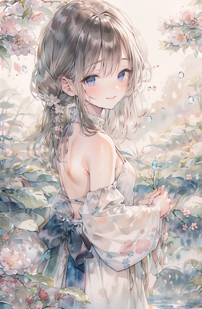 The image is a painting of a young woman with long silver hair and blue eyes. She is wearing a white dress with a blue ribbon and has a flower in her hair. She is standing in a garden with green leaves and pink flowers. The background is a blur of light blue. The painting is in a realistic style and the woman is depicted with soft, delicate features. She is looking at the viewer with a gentle smile on her face.