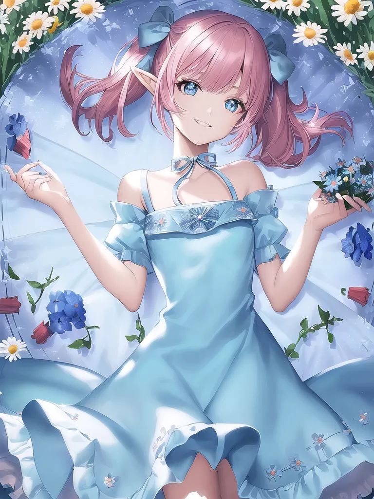 The image is a digital painting of a young girl with pink hair and blue eyes. She is wearing a blue dress with a white collar and a blue bow in her hair. She is sitting on a bed of flowers, and there are flowers in her hair and around her. The background is a light blue color. The girl is smiling and has her eyes closed. She is wearing a necklace with a blue gem in the center. Her hair is long and flowing, and she has a gentle expression on her face. The image is very detailed, and the artist has used a variety of colors to create a vibrant and lifelike image.