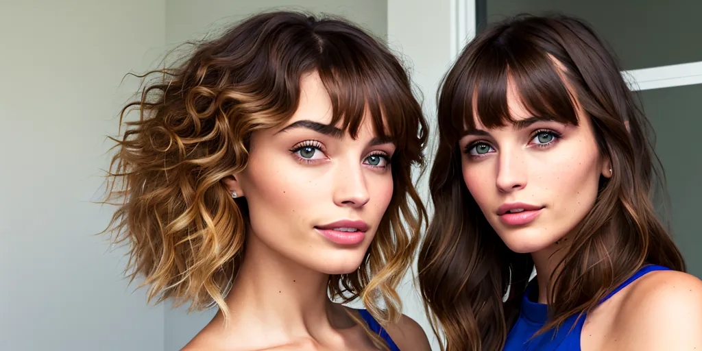 La imagen muestra a dos mujeres jóvenes con el cabello largo, ondulado y castaño, y con flequillo. Ambas llevan camisetas de tirantes azules y tienen una expresión neutra en sus rostros. La mujer de la izquierda tiene el cabello peinado de una manera más relajada y natural, mientras que la mujer de la derecha tiene el cabello peinado de una manera más pulida y formal. Ambas llevan un maquillaje ligero y tienen el cabello peinado de una manera que favorece la forma de su rostro. El fondo es de un color suave y neutro que no distrae de las mujeres. La impresión general de la imagen es de belleza y moda.