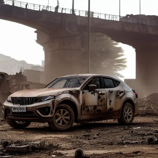 The image shows a silver SUV parked in a destroyed city. The car is covered in dust and has a large dent on the front passenger door. The city is in ruins, with buildings destroyed and rubble everywhere. There is a large bridge in the background.