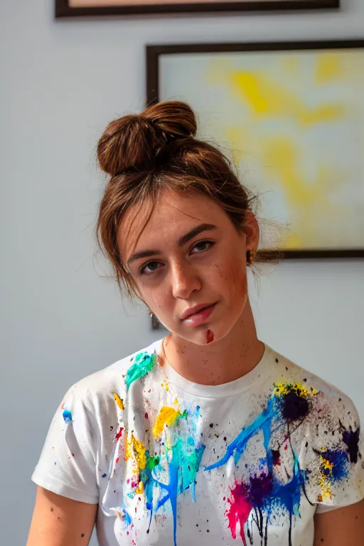 The image shows a young woman with brown hair tied in a bun. She is wearing a white T-shirt that is covered in paint. The woman has paint on her face and neck. She is looking at the camera with a serious expression. There are two paintings on the wall behind her.