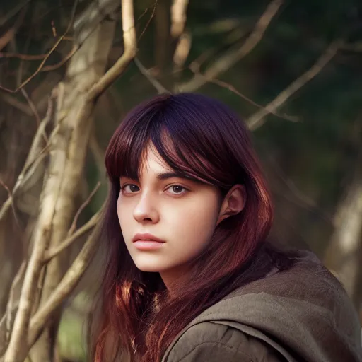 La photo montre une jeune femme aux longs cheveux bruns foncés et avec une frange. Elle porte une veste verte et se tient debout dans une forêt. Le soleil brille à travers les arbres, créant un motif tacheté sur son visage. Elle regarde l'appareil photo avec une expression sérieuse.