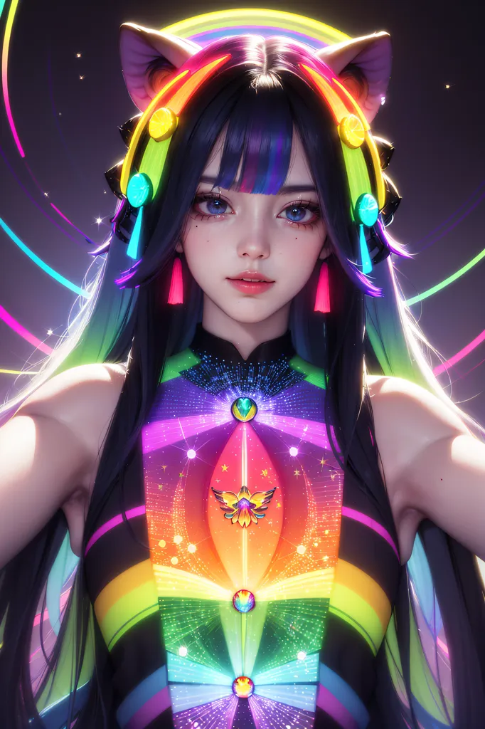 The image is a portrait of a young woman with long black hair and blue eyes. She is wearing a colorful outfit with a rainbow-colored bodice and black sleeves. She also has cat ears and a tail. The background is dark with colorful lights.