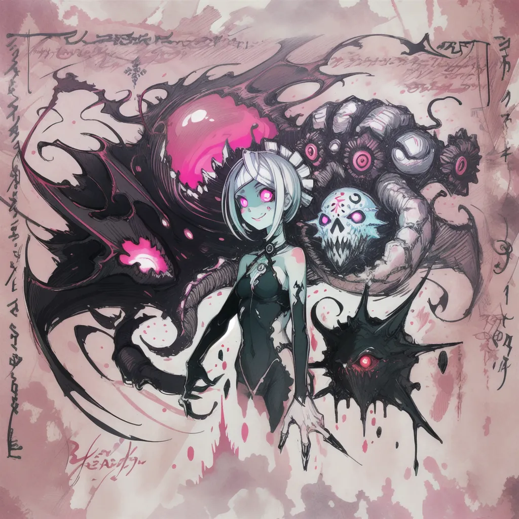 The image is a dark and detailed drawing of a girl with two monsters. The girl is standing in the center, with a dark creature with glowing red eyes on her right and a large pink monster with sharp teeth on her left. The girl is wearing a black dress with a white collar. She has short white hair and pale skin. Her eyes are glowing pink and she has a strange symbol on her forehead. The monsters are both very detailed and have intricate designs. The background is a dark pink color with some light pink splashes.