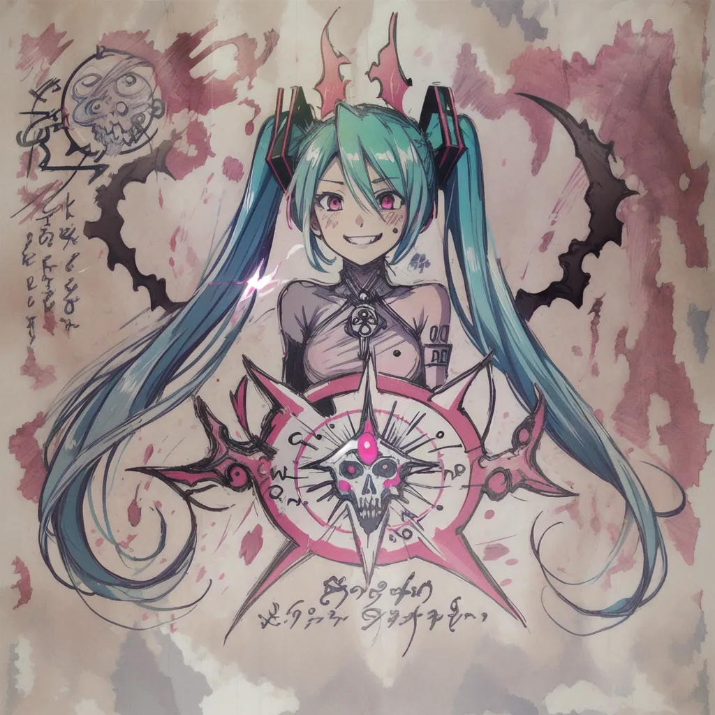 A imagem é uma ilustração sombria e sangrenta da personagem Vocaloid Hatsune Miku. Ela é retratada com longos cabelos verdes ondulantes e olhos vermelhos, e está vestindo um vestido preto esfarrapado. Ela está cercada por morcegos e outras criaturas sombrias. O tom geral da imagem é de horror e desespero.