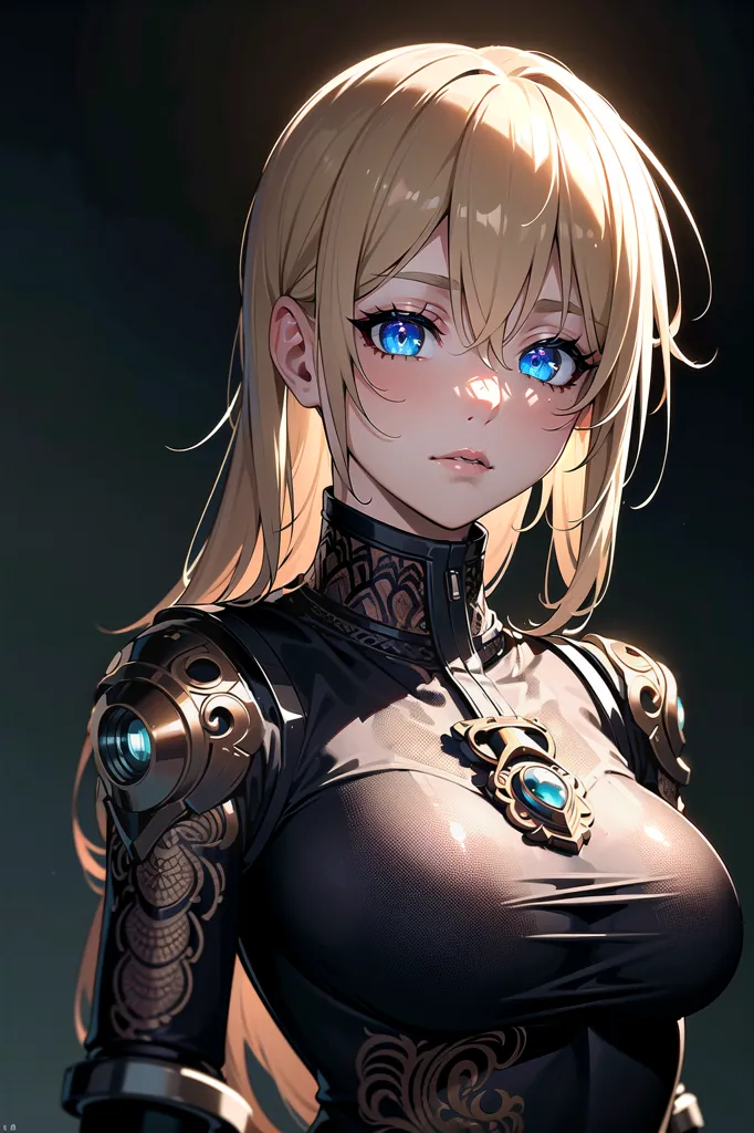 The image is a digital painting of a young woman with long blonde hair and blue eyes. She is wearing a black bodysuit with a high collar and a metal breastplate. The bodysuit is decorated with gold trim and has a zipper running down the front. She is also wearing a necklace with a large blue gem in the center. The woman's expression is serious and determined. She is standing in a dark room with a spotlight shining down on her.